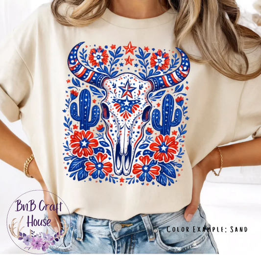 Red White and Blue Bull Skull